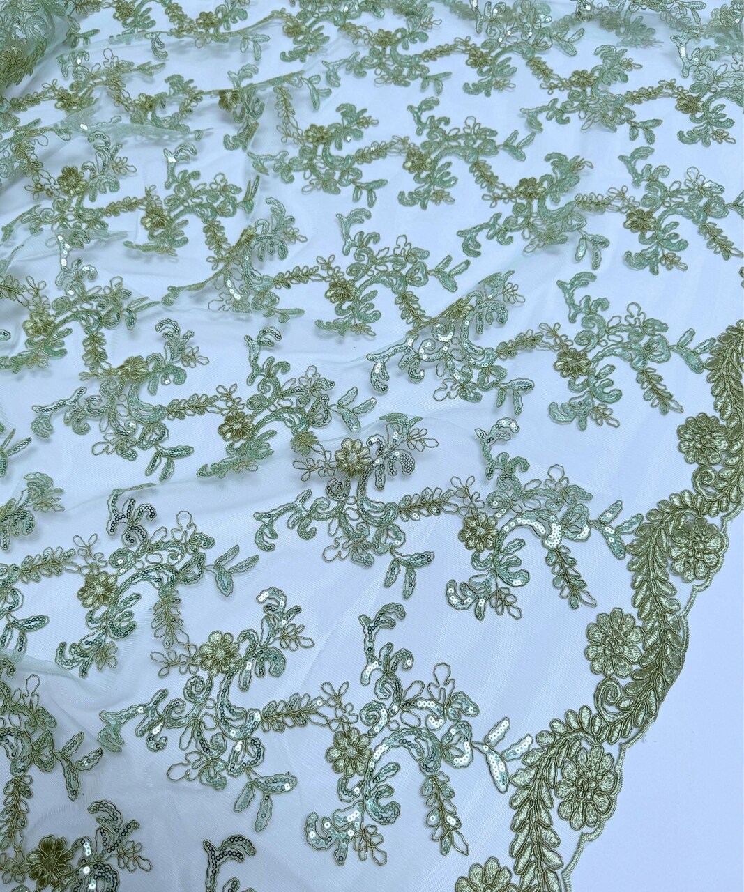 Sage Green Sequin Embroidered Lace Fabric by the Yard, 54" Wide Floral Mesh Lace with Double Scalloped Edges